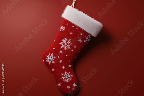 A detailed 3D rendering of a Christmas stocking crafted from soft knitted fabric with festive patterns. The stocking is filled with small wrapped gifts and candy canes, hanging by a cozy fireplace. Th photo