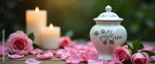 Elegant Urn with Candles and Roses - Serene Memorial Setting