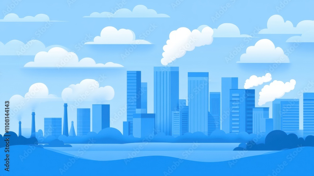 Obraz premium City skyline with blue hues and fluffy clouds creates a serene urban landscape, AI