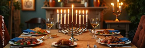 Panel kuchenny z motywem Elegant dinner table with candlelit menorah for festive celebration