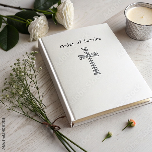 Order of Service Book with Cross and White Roses for Funeral Ceremony