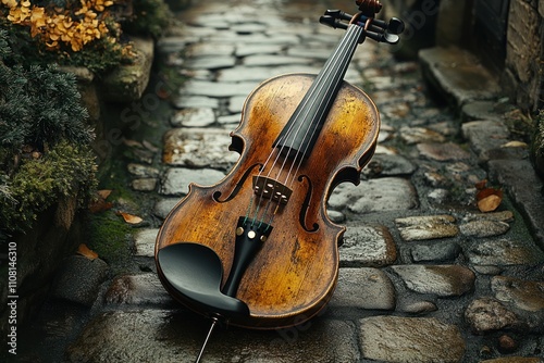 Vintage violin rests on a rain-slicked cobblestone path, autumn leaves scattered nearby. photo