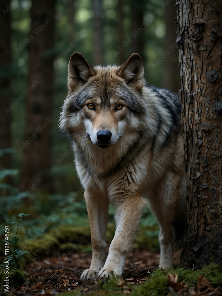 Realistic wolf prowling through the forest with a keen gaze. Realistic wolf prowling through the forest with a keen gaze.