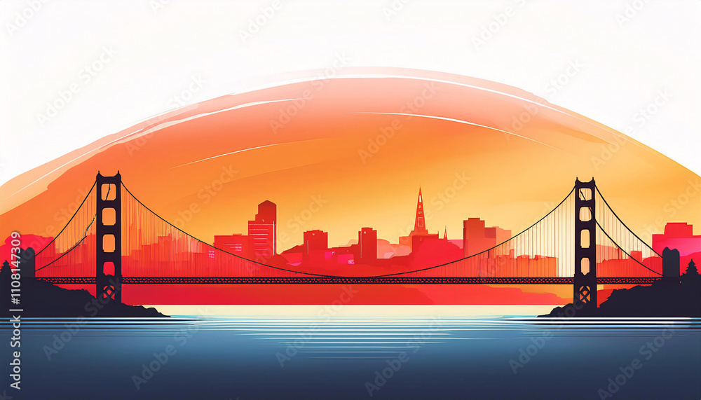 Fototapeta premium Sleek header design featuring the silhouette of San Francisco with the iconic Golden Gate Bridge at sunset