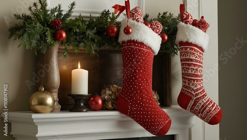 Red and white stockings hanging on a mantle.