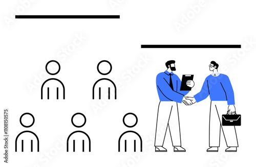 Two professionals in blue shaking hands, group of people in discussion. Ideal for teamwork, networking, agreement, collaboration, leadership, business meetings, partnerships. Line metaphor photo