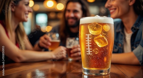 White adults enjoying beer with football-shaped ice cubes in pub, smiling, celebrating sports event