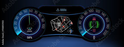 Modern digital dashboard displays vehicle speed, navigation, and performance metrics at night.