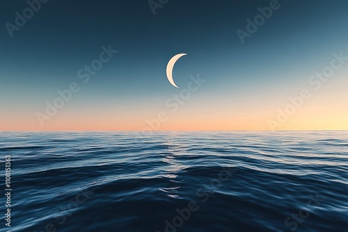 Crescent Moon Over Tranquil Ocean Waves At Sunset