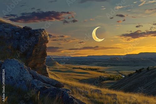 Golden Sunset Landscape With Crescent Moon Over Rolling Hills