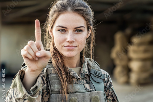 Focused female service member in military uniform making a number one gesture, symbolizing leadership and determination.  photo