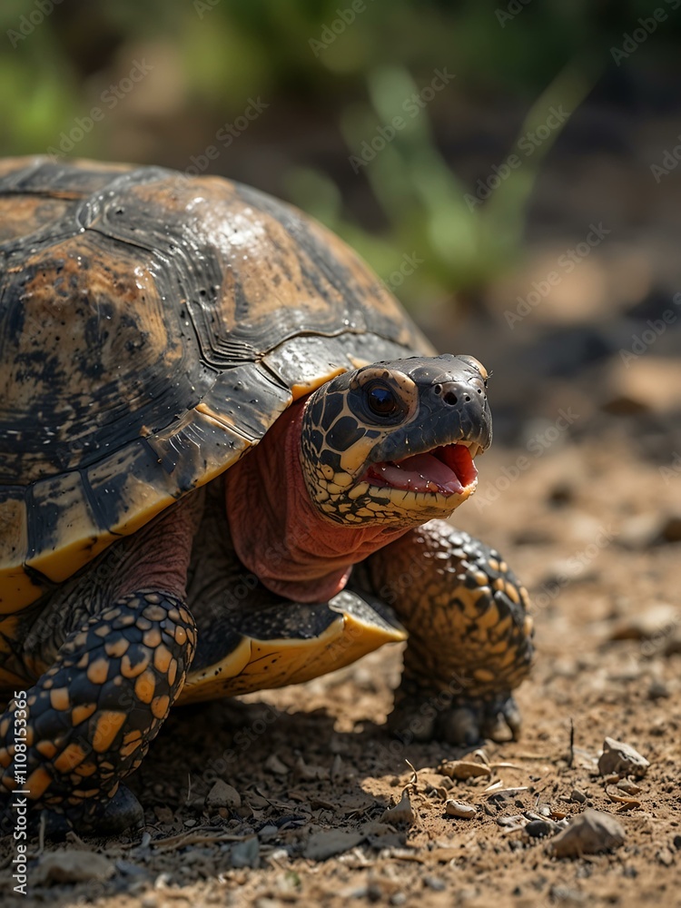 Obraz premium Red-footed tortoise with its mouth wide open.