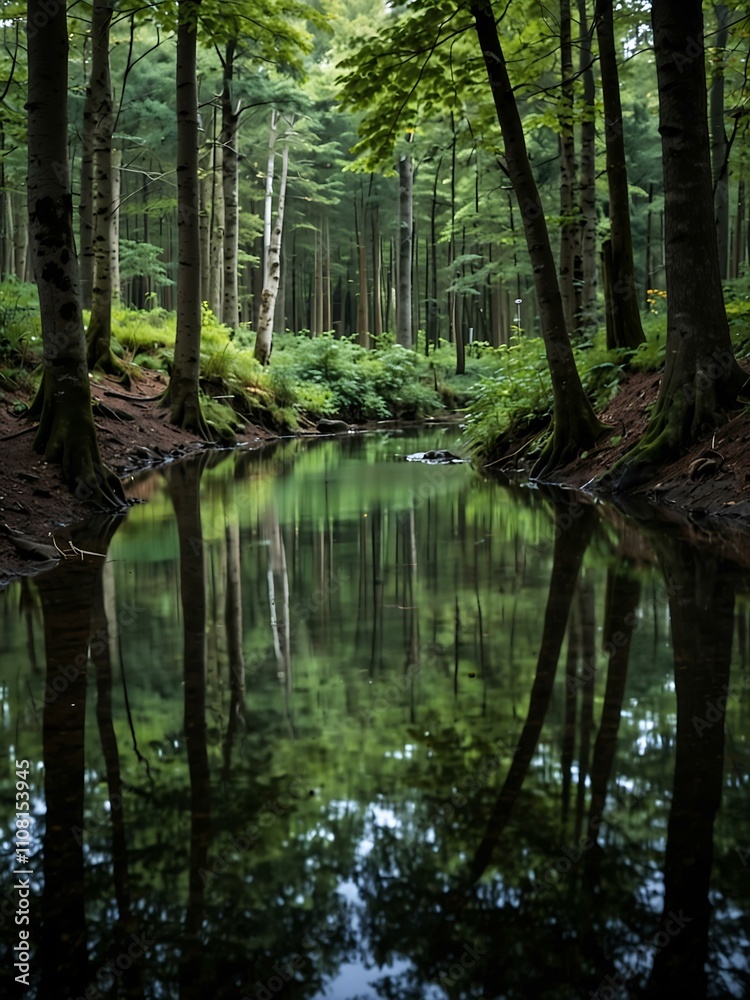 Obraz premium Reflective pond in a forest in Iserlohn, Germany.