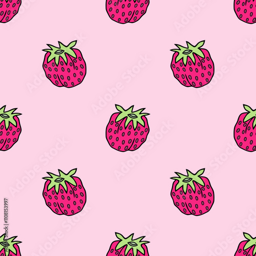 Bright seamless illustration with pink strawberry berries. Vector drawing.