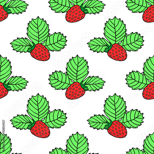 Bright seamless illustration with red strawberry berries. Vector drawing on a white background.