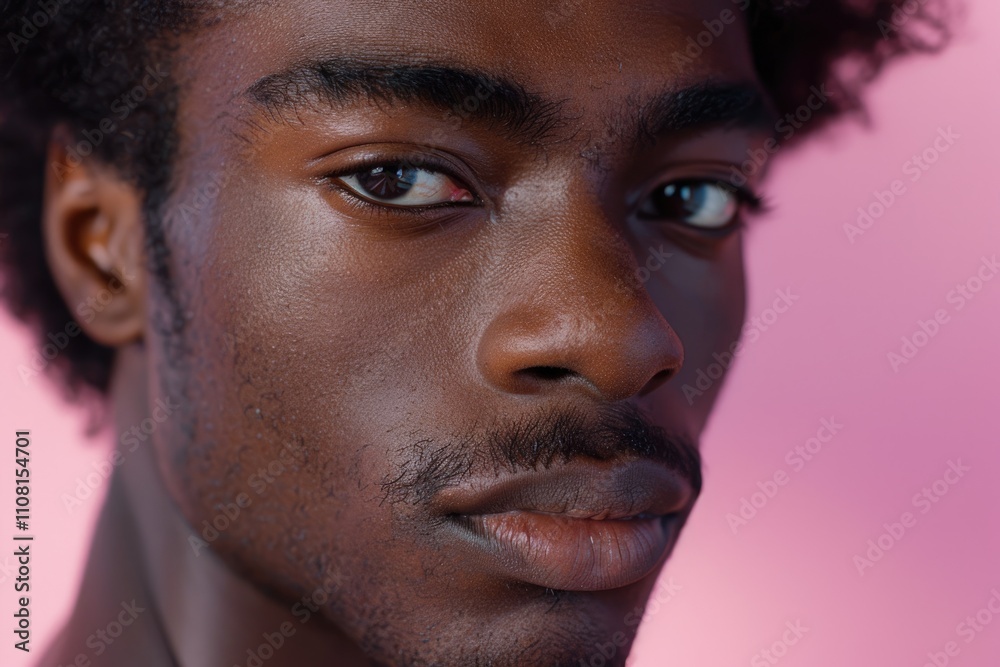 Fototapeta premium Closeup portrait of affectionate afro guy on pink background.