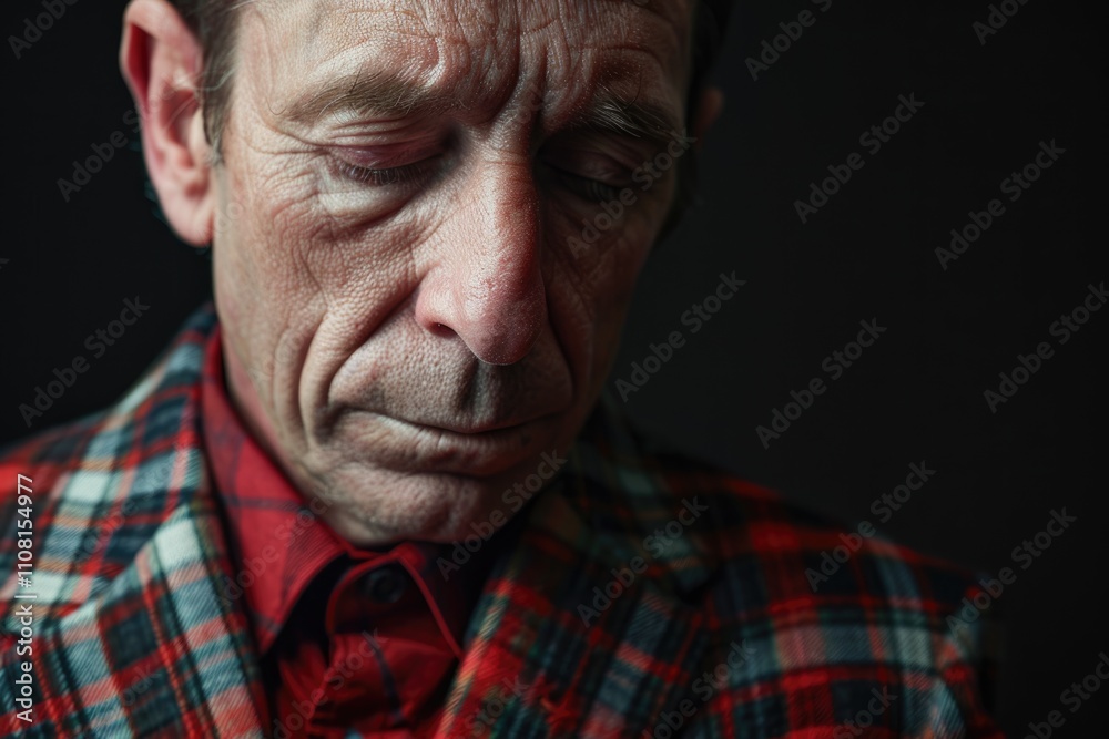 Fototapeta premium Dark key portrait of man with one eye closed weared in plaid suit jacket. Studio shot