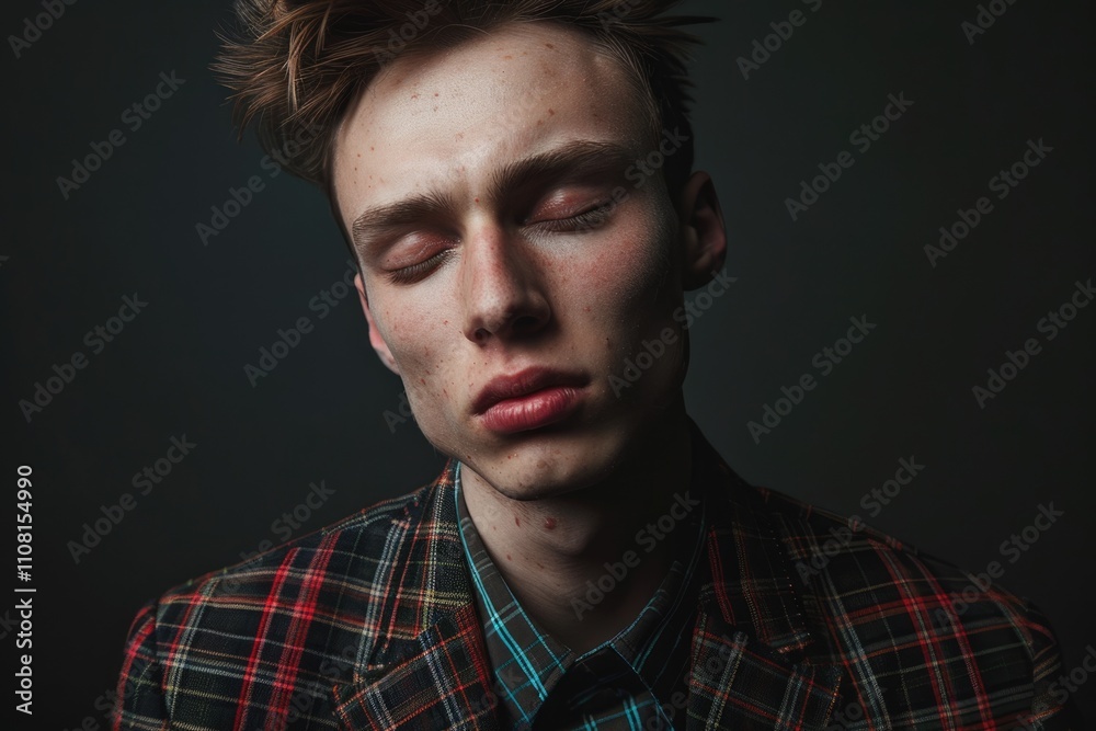 Obraz premium Dark key portrait of man with one eye closed weared in plaid suit jacket. Studio shot