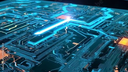 Abstract Circuit Board Close-Up with Neon Blue and Orange Highlights