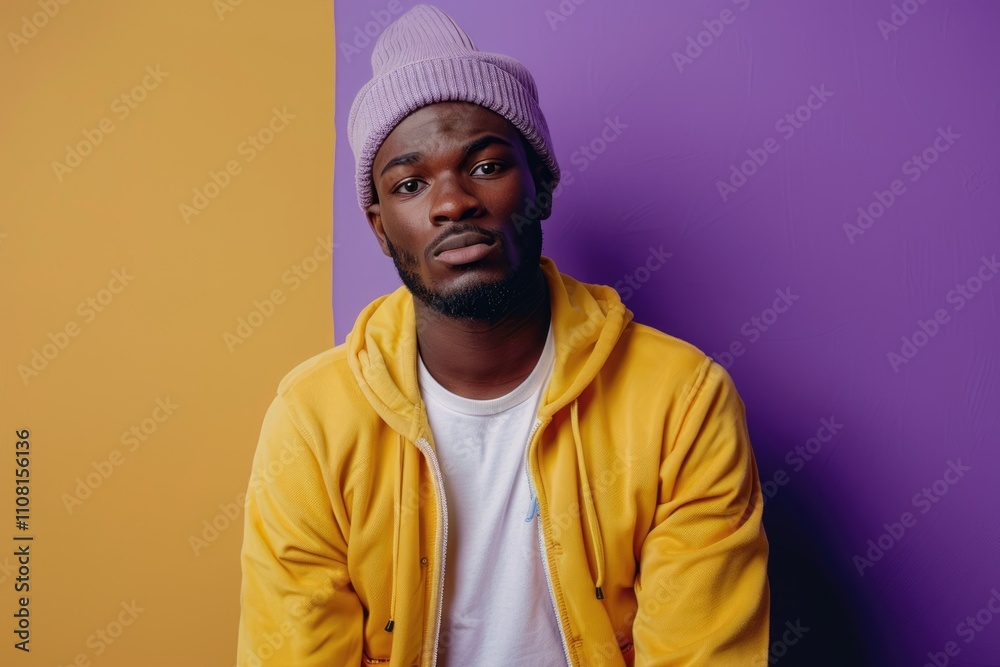 Fototapeta premium Portrait of African American man in sportswear posing on violet background.