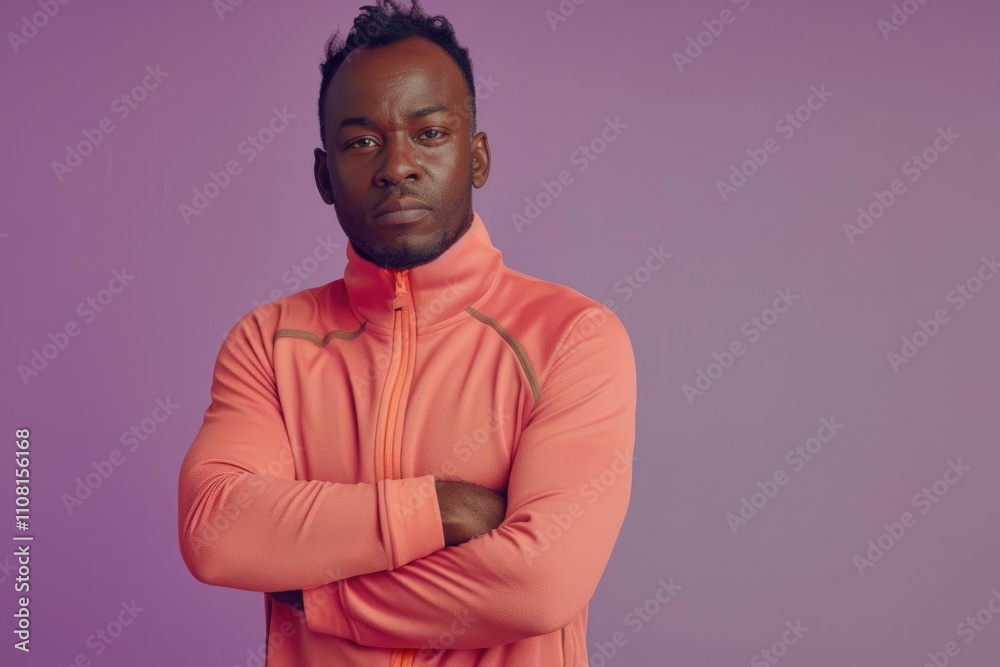 Obraz premium Portrait of African American man in sportswear posing on violet background.