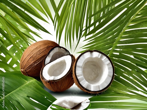 Illustration representing coconuts fallen to the ground, in a landscape of coconut trees.