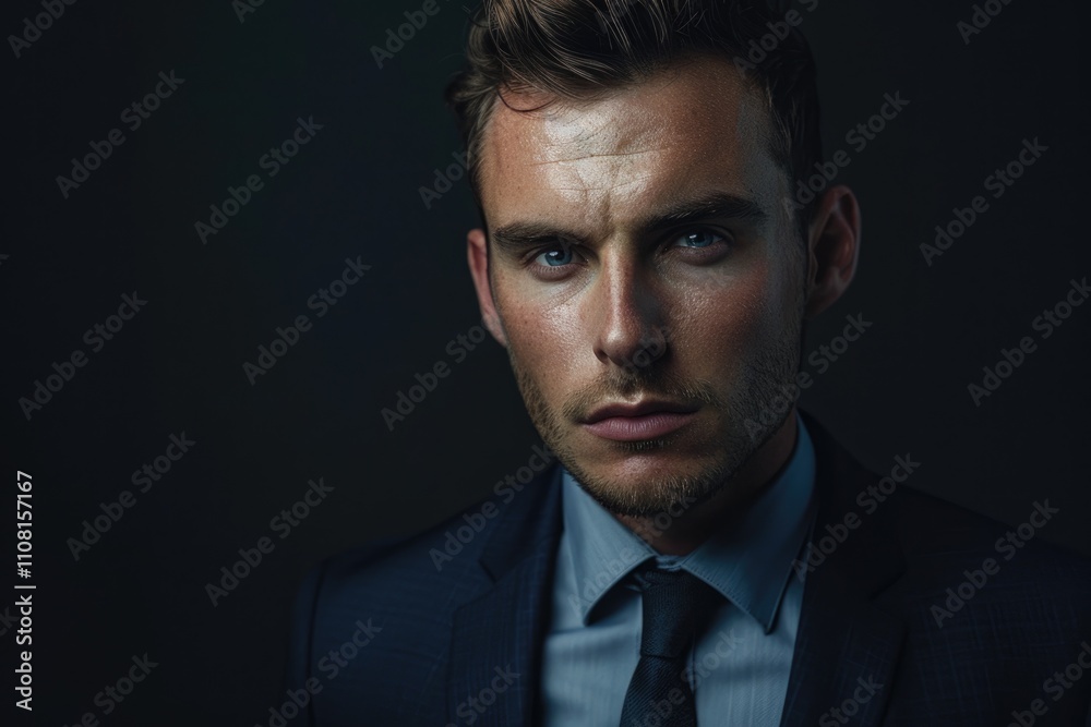 Serious businessman in suit  black background  vertical portrait.
