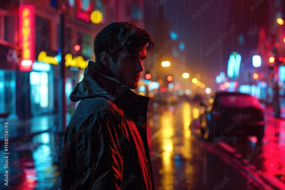 Obraz premium young man during the night yellow and red lights street nightlife