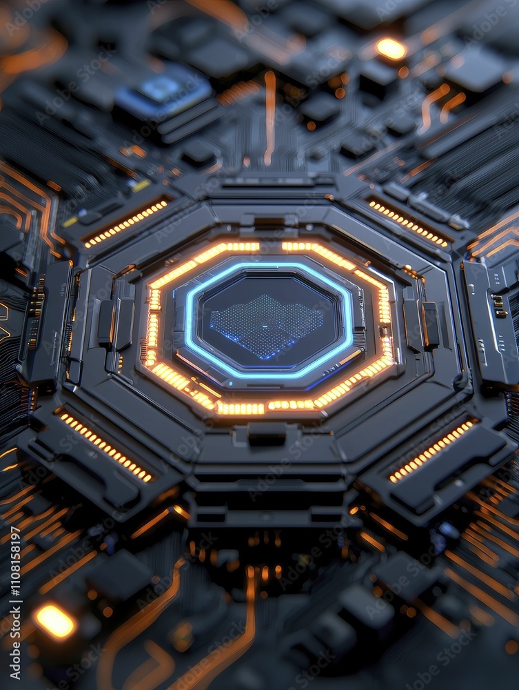 Fototapeta premium Control mechanism design signal processing diagram, sleek minimalist, metallic gray and blue, top view focus, featuring dynamic circuit patterns.