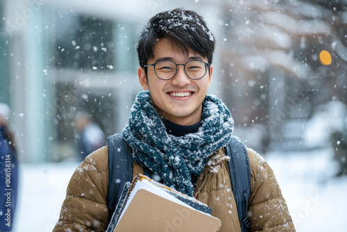 Young man smiling in snow during winter season