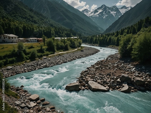 River flowing beneath Chalaadi Glacier in Svaneti, Georgia. photo