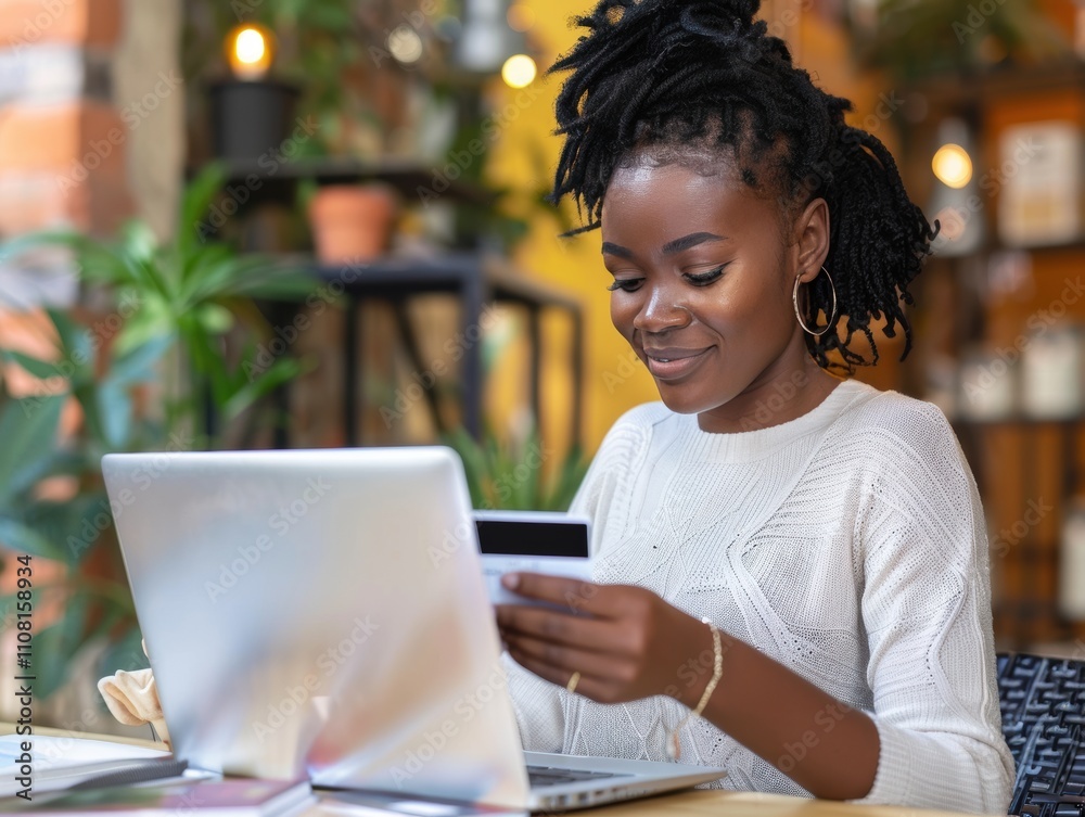 A woman holding a credit card while using her laptop for an online purchase in a cozy indoor environment.