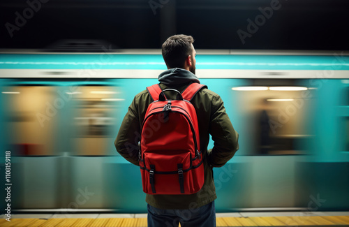 Man waits for train at underground station. Looks forward. Wears red backpack. Urban setting. Commute time. Public transportation. Modern lifestyle. Adult male. City scene. Passenger. Travel concept.
