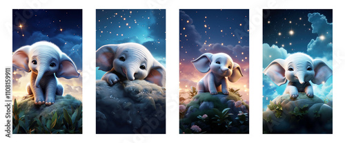 Adorable Baby Elephant in Enchanted Night Scene for Kids' Room Posters on Transparent Background