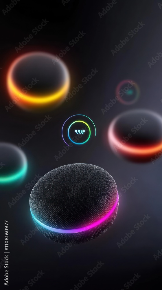 Fototapeta premium Abstract colorful glowing orbs floating in a dark background.