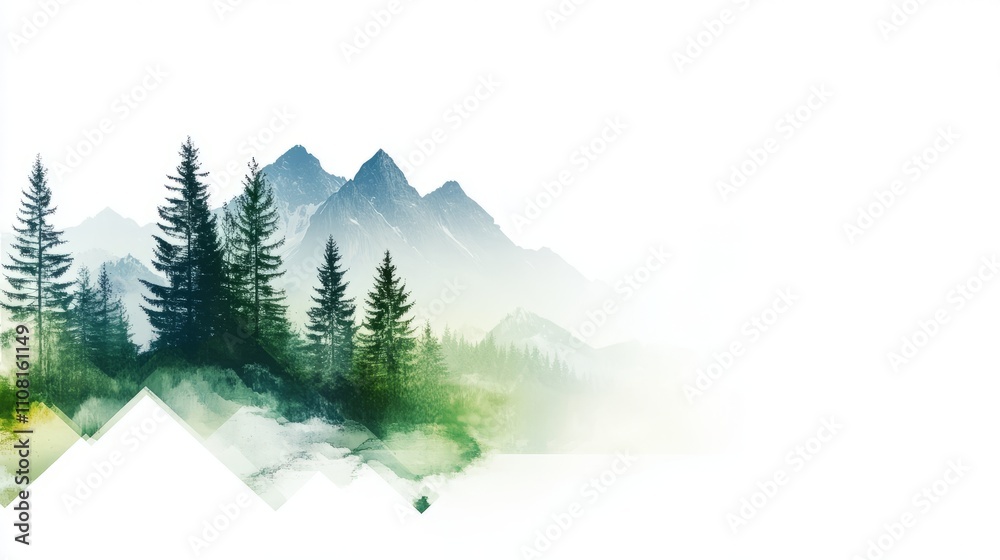 Fototapeta premium Abstract ecological design featuring trees, mountains, and nature-inspired geometric patterns.