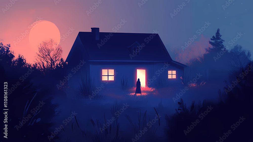Ghost haunting a scary house on halloween night. Haunting. Illustration Ghost haunting a scary house on halloween night. Haunting. Illustration