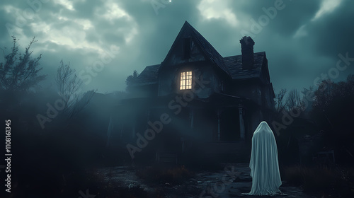 Ghost haunting a scary house on halloween night. Haunting. Illustration