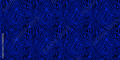 Vector seamless pattern with fluid shapes, liquid lines. Abstract neon blue and black marble ink texture. Funky groovy psychedelic background with waves, melting surface. Design in retro vibe style