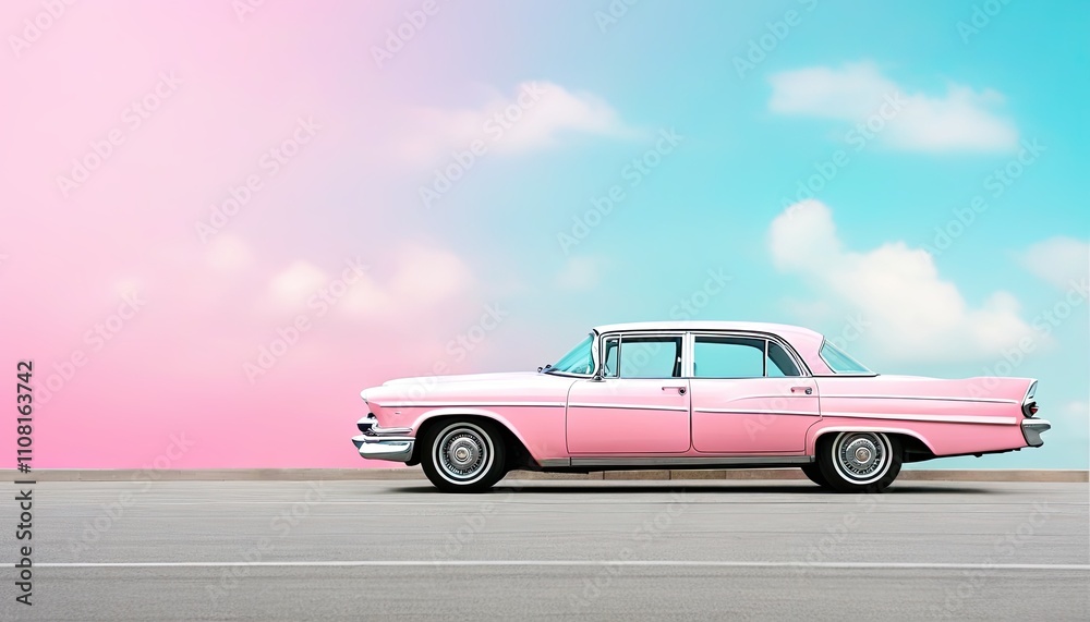 Fototapeta premium Pink retro car on a pink-blue with clouds background. Illustration by Generative AI.