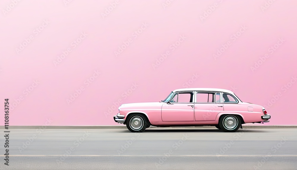 Pink retro car on a pink wall background. Illustration by Generative AI. Pink retro car on a pink wall background. Illustration by Generative AI.