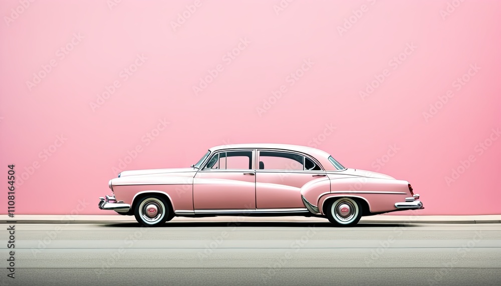 Obraz premium Pink retro car on a pink wall background. Illustration by Generative AI.