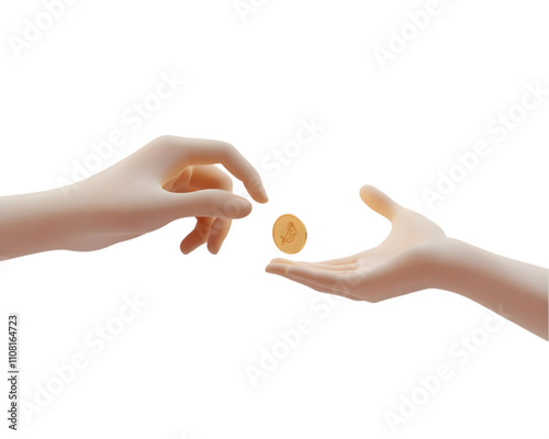 3D Illustration of a Hand Giving a Gold Coin to Another Hand, Transparent PNG
