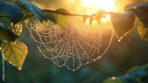 Dew kissed Spiderweb at Sunrise Nature Macro Photography Web Leaves Autumn photo