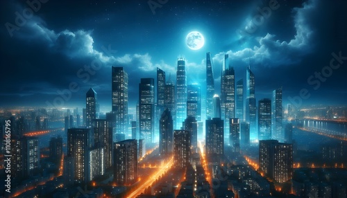 Wallpaper Mural Futuristic Cityscape at Night with Full Moon Torontodigital.ca