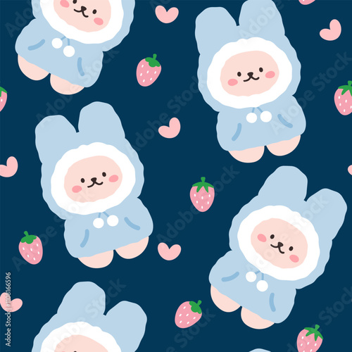 Cute hand drawn kawaii pink bunny with strawberries and hearts and blue cozy coat, seamless pattern background