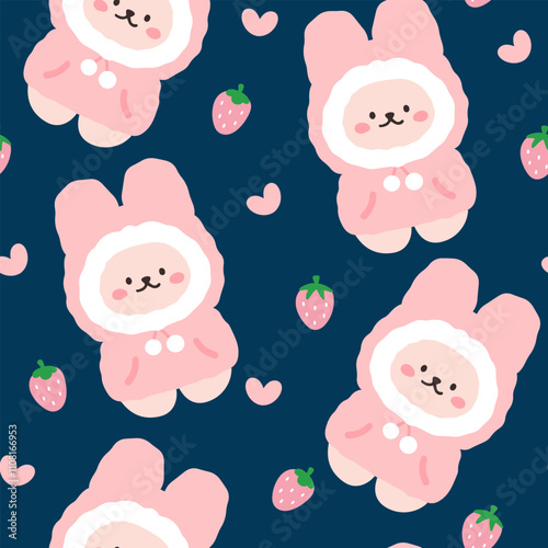 Cute hand drawn kawaii pink bunny with strawberries and hearts and cozy coats, seamless pattern background	
