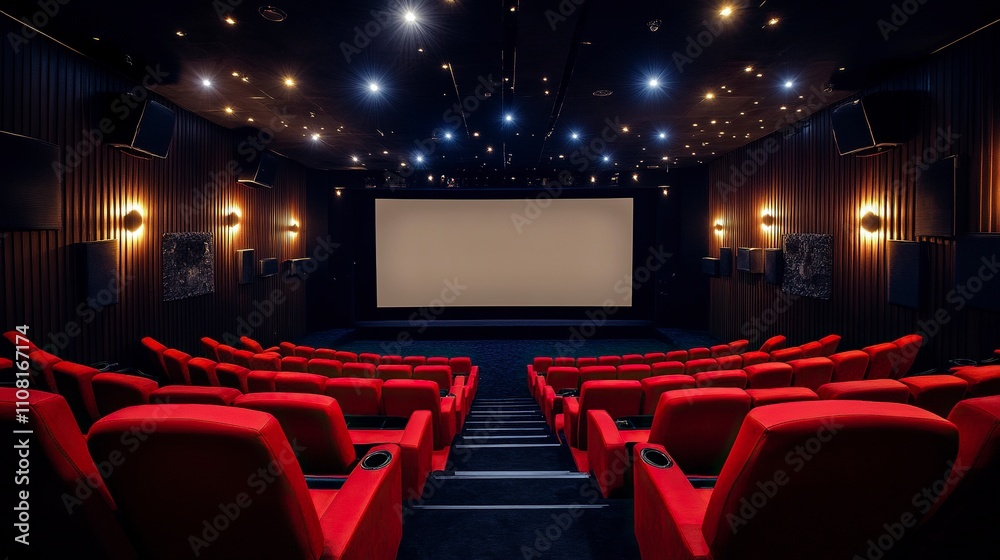 Fototapeta premium Movie Theater With Blank Screen And Red Seats - Cinema - Contain 3d Illustration. realistic.
