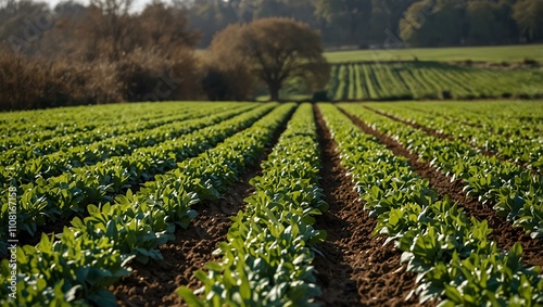 Rows of fresh green crops in an early spring English field.