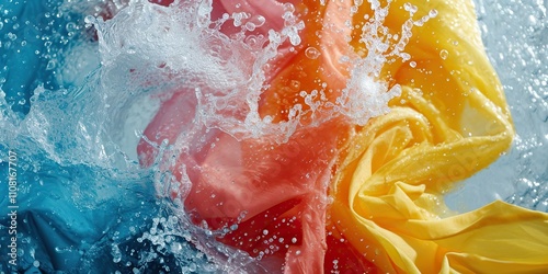 Dynamic shot of colorful clothes swirling in sudsy water, concept of Vibrant motion